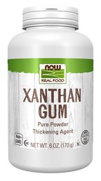 A white container of xanthan gum powder labeled "NOW Real Food," highlighting its use as a thickening agent, with details about being gluten-free and non-GMO.