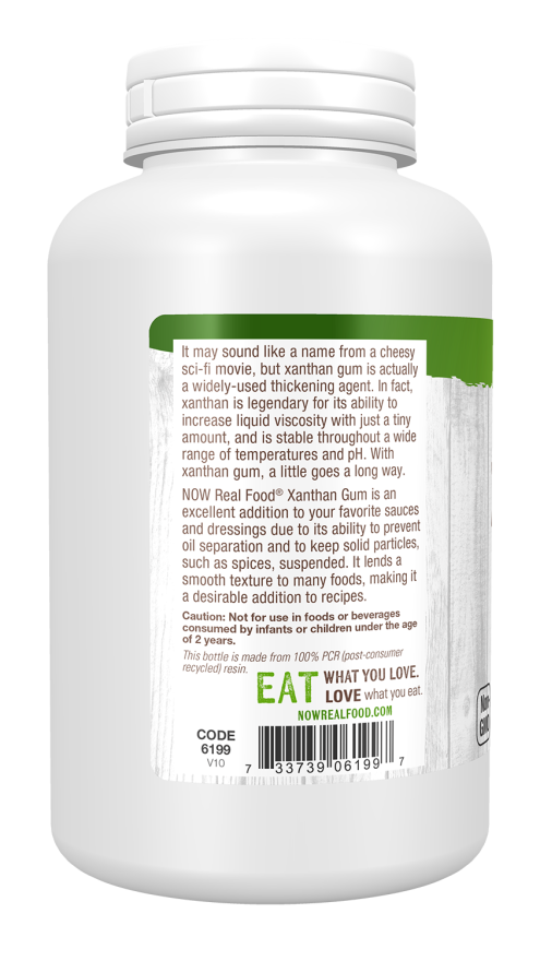 A white bottle of NOW Real Food® Xanthan Gum displays a detailed label highlighting its uses as a thickening agent and cooking ingredient, with cautionary notes about consumption by young children.