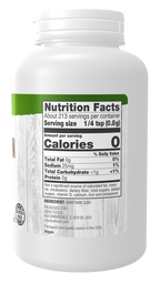 A white plastic container of xanthan gum displays nutrition facts, including serving size, calories, and ingredient details, with a wooden texture background and a gluten-free label.
