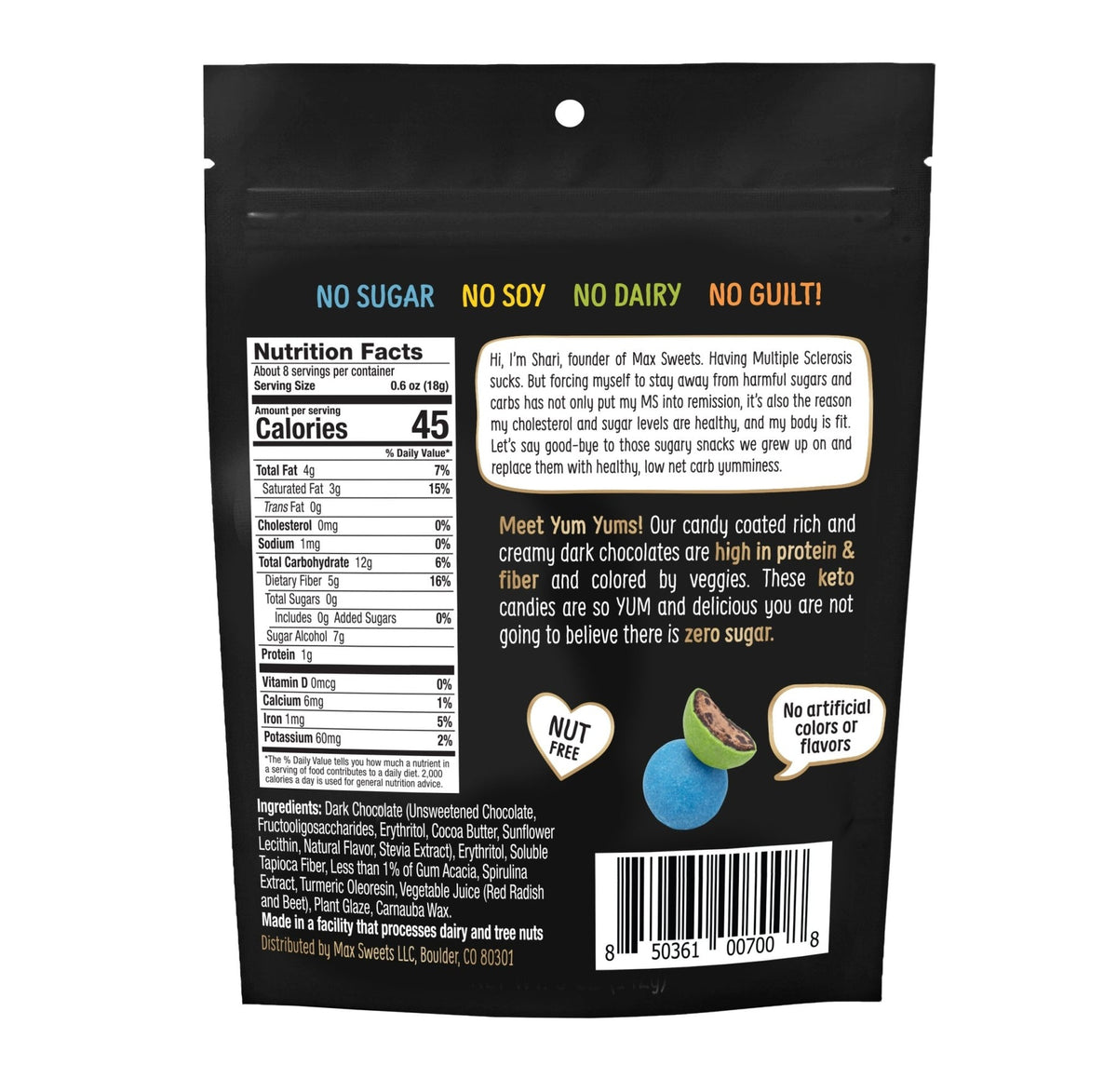 Max Sweets Sugar Free YumYums Candy Coated Chocolates 5 oz
