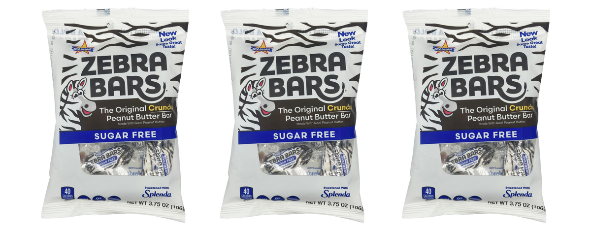 Three packages of Zebra Bars, featuring a zebra graphic, labeled as "The Original Crunch Peanut Butter Bar," with a "Sugar Free" tag and nutritional information visible on each package.