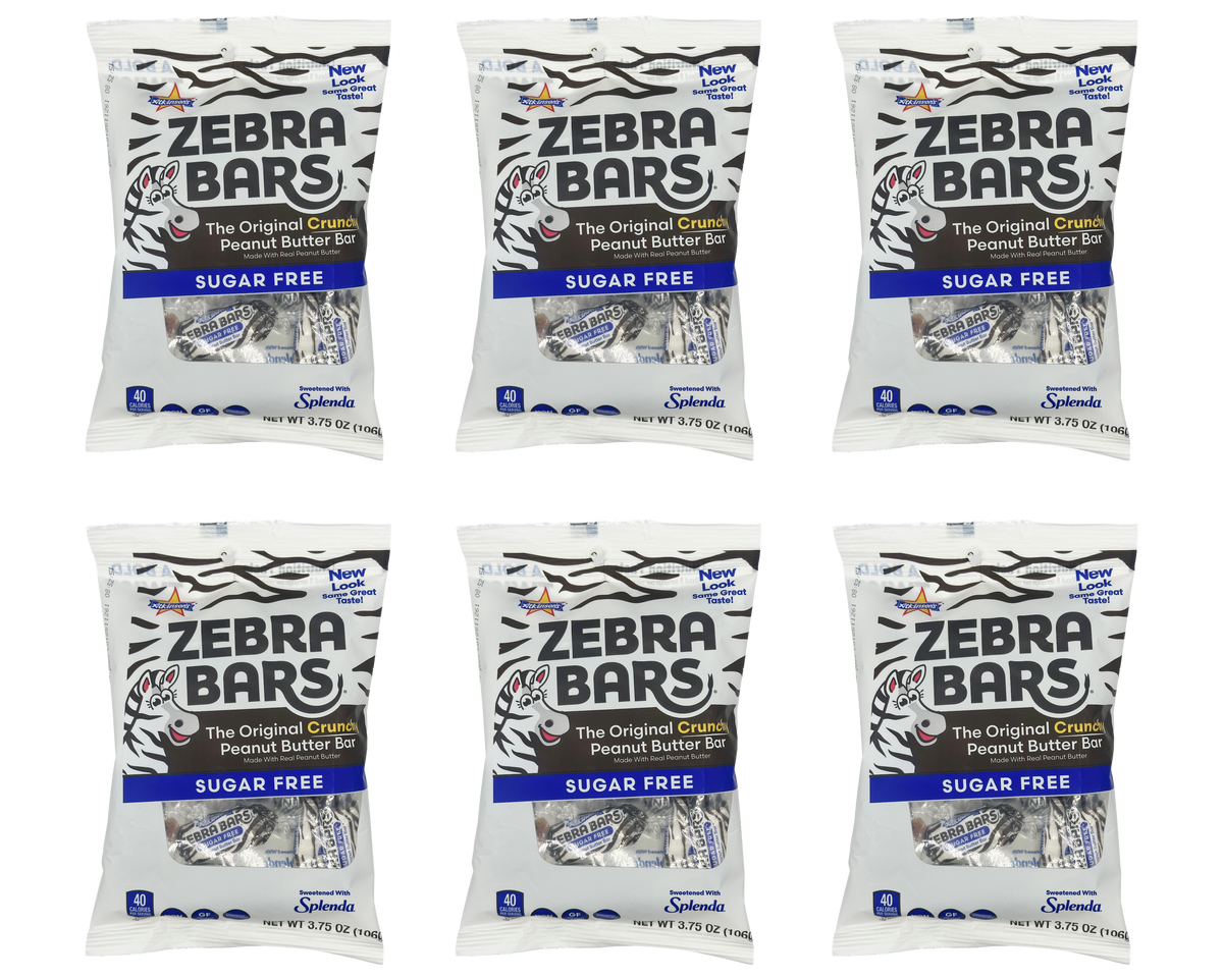Six packages of Zebra Bars, a sugar-free peanut butter snack, are displayed in a grid, each featuring a zebra-striped design and the text "The Original Crunch Peanut Butter Bar."
