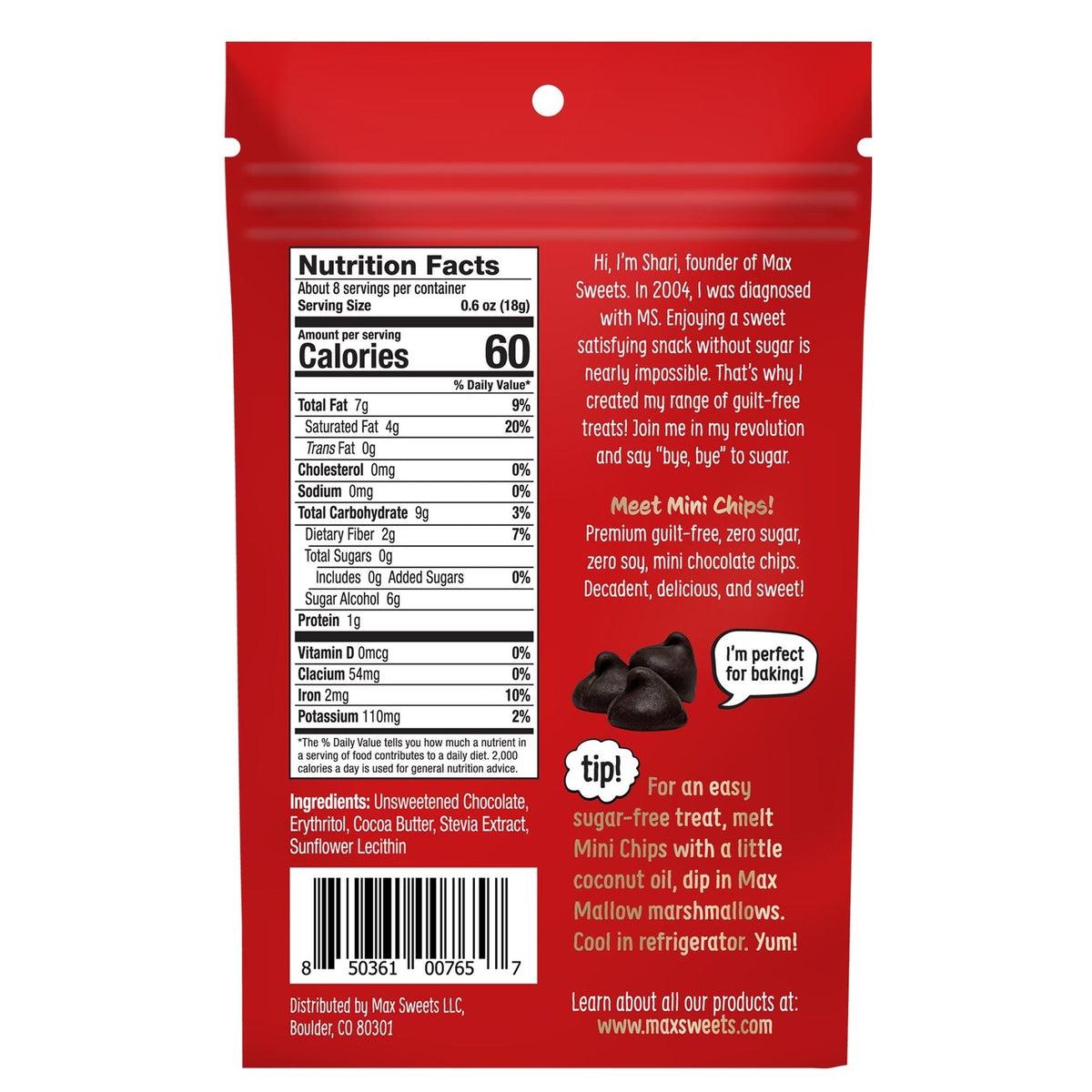 The back of a red snack packaging displays nutrition facts, ingredients, and a personal message from the founder, promoting guilt-free mini chocolate chips suitable for baking.